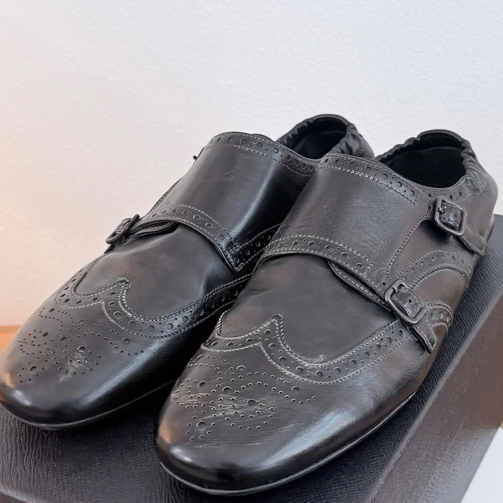 Prada 2EG469 Mens Leather Double Monk Strap Wingtip Shoes Grey Black UK 9